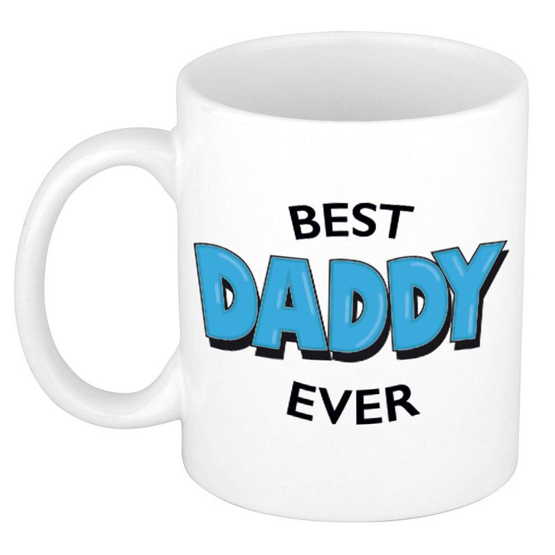 Foto van Best daddy ever cadeau mok / beker wit met blauwe cartoon letters 300 ml - feest mokken