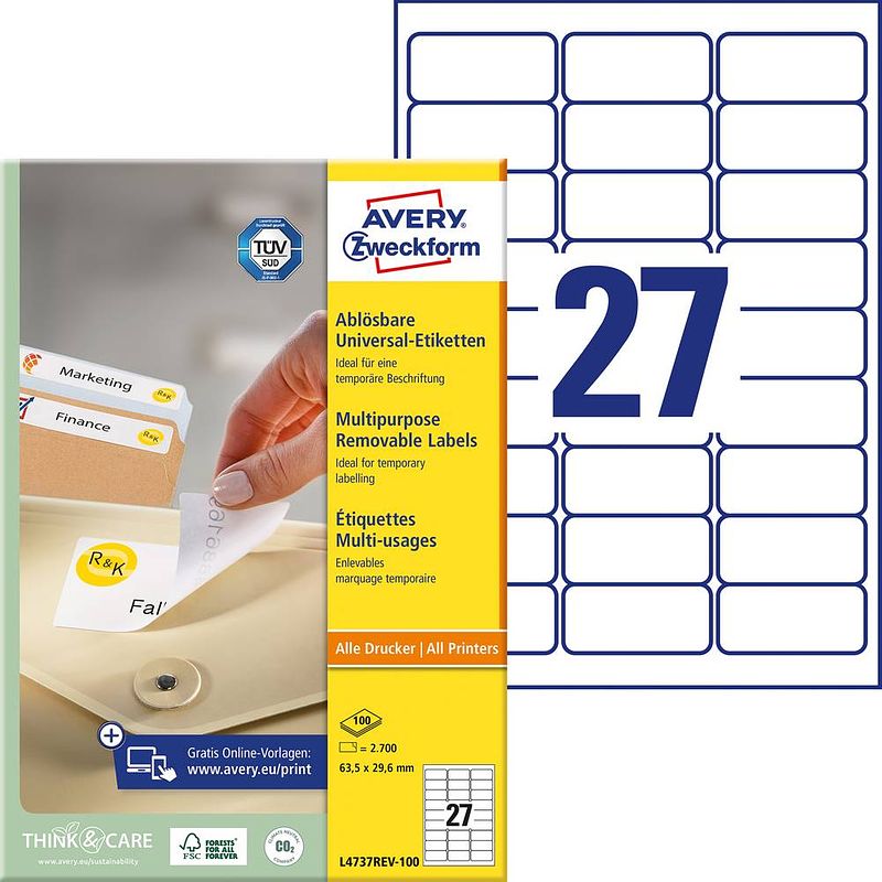 Foto van Avery-zweckform l4737rev-100 etiketten 63.5 x 29.6 mm papier wit 2700 stuk(s) weer verwijderbaar universele etiketten inkt, laser, kopie 100 vel din a4