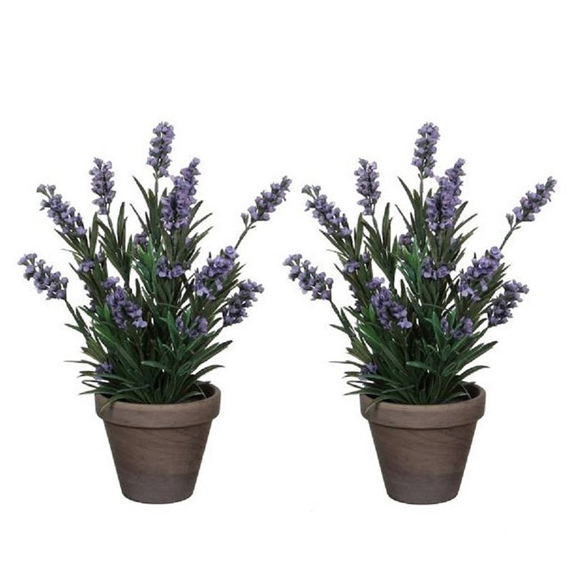 Foto van 2x groene lavandula lavendel kunstplanten 33 cm met grijze pot - kunstplanten