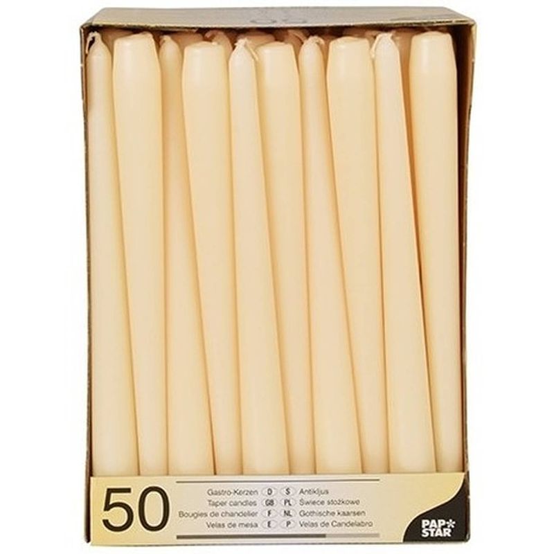 Foto van Creme witte gotische kaarsen 50 stuks 25 cm - dinerkaarsen