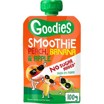 Foto van Goodies knijpfruit smoothie perzik, banaan & appel 100g aanbieding bij jumbo | 2 + 1 gratis