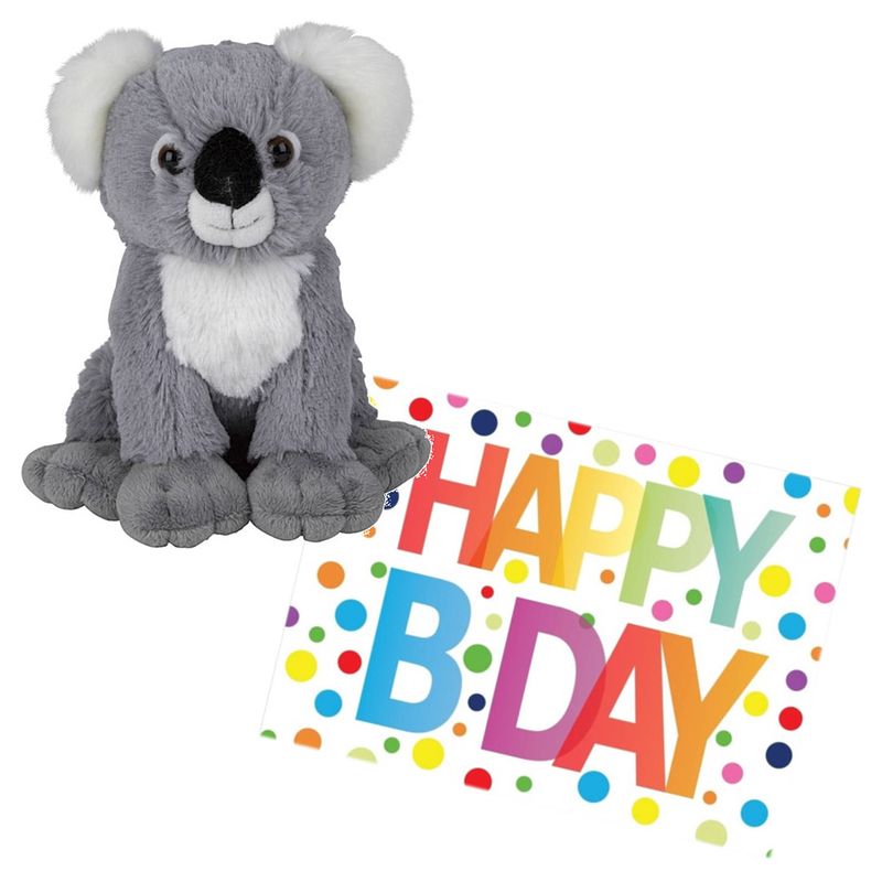 Foto van Pluche knuffel koala beer 19 cm met a5-size happy birthday wenskaart - knuffeldier