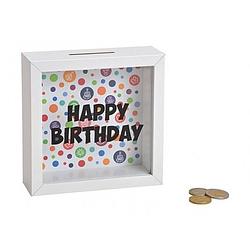 Foto van Houten witte spaarpot happy birthday met glas 15 cm - spaarpotten