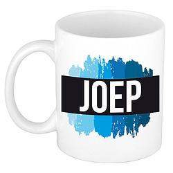 Foto van Naam cadeau mok / beker joep met blauwe verfstrepen 300 ml - naam mokken