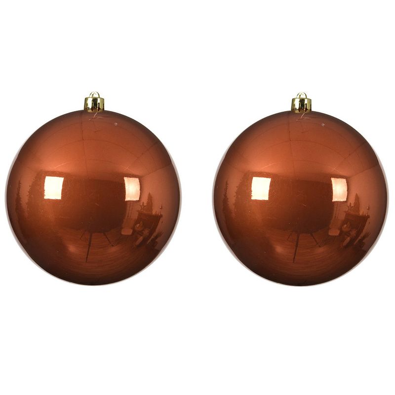 Foto van 2x stuks grote kunststof kerstballen terra bruin 20 cm glans - kerstbal