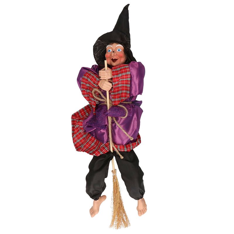 Foto van Halloween decoratie heksen pop op bezem - 44 cm - zwart/donkerrood - halloween poppen