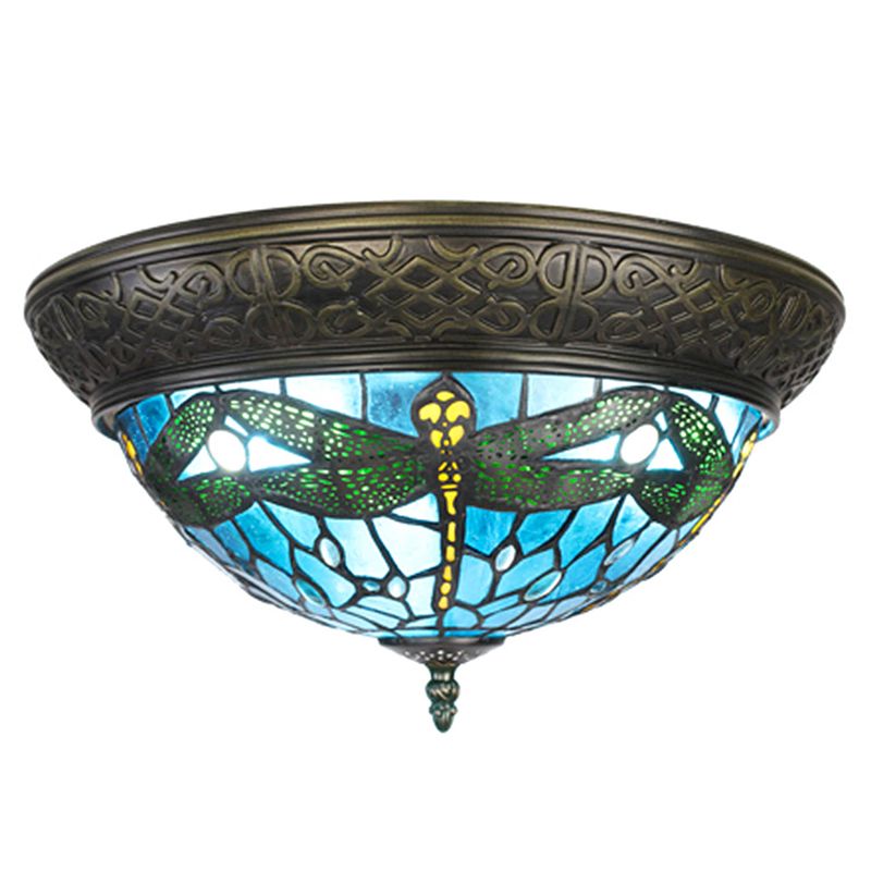 Foto van Lumilamp plafondlamp tiffany ø 38 cm blauw bruin kunststof glas rond plafonniere glas in lood blauw plafonniere glas in