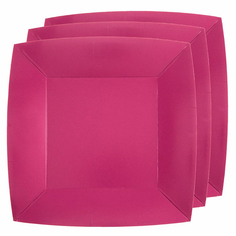 Foto van 30x stuks feest ontbijt/gebak bordjes papier/karton vierkant - fuchsia - 18cm - feestbordjes