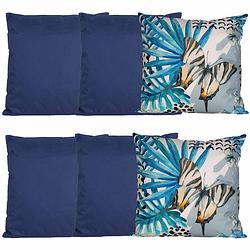 Foto van Bank/tuin kussens set - voor binnen/buiten - 6x stuks - donkerblauw/tropical print - 45 x 45 cm - sierkussens