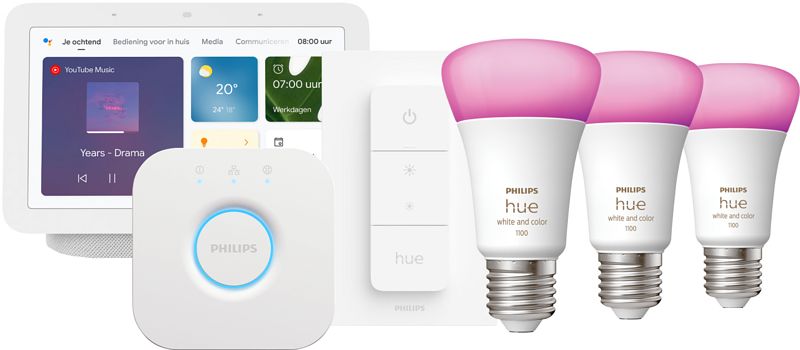 Foto van Philips hue white and color starter pack e27 3-pack + dimmer + bridge + google nest hub 2