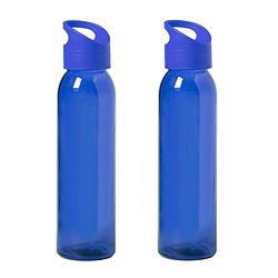 Foto van 2x stuks glazen waterfles/drinkfles blauw transparant met schroefdop met handvat 470 ml - drinkflessen