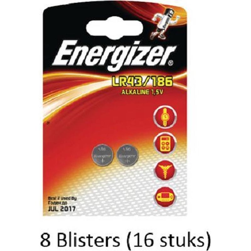 Foto van 16 stuks (8 blisters a 2 stuks) energizer knoopcel lr43/186 1.5v