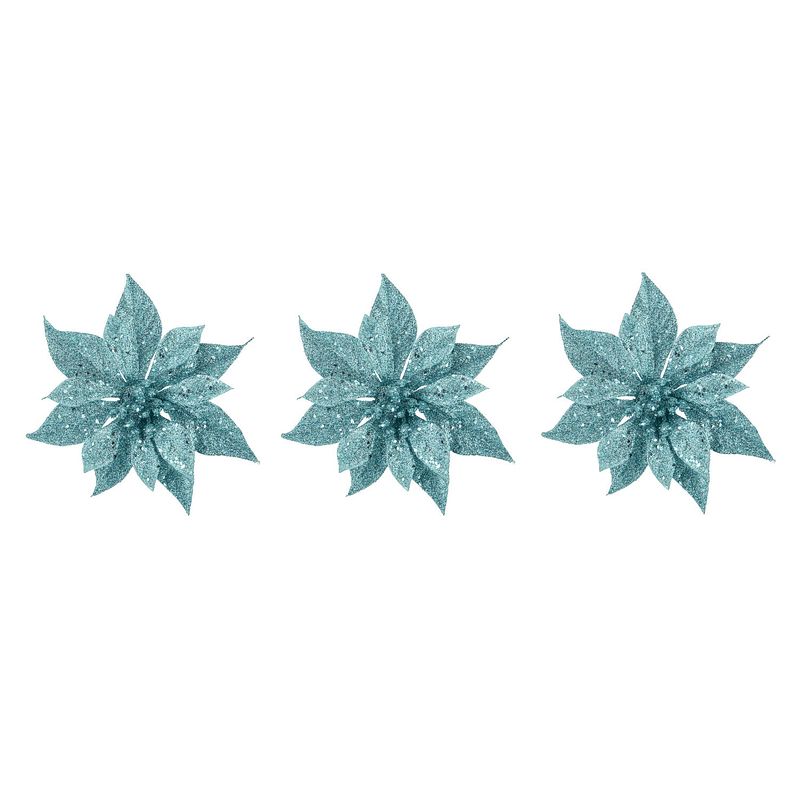 Foto van 4x stuks decoratie bloemen kerstster ijsblauw glitter op clip 18 cm - kersthangers
