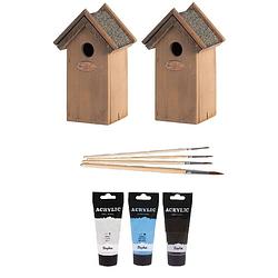 Foto van 2x houten vogelhuisje/nestkastje 22 cm - zwart/wit/lichtblauw dhz schilderen pakket - vogelhuisjes