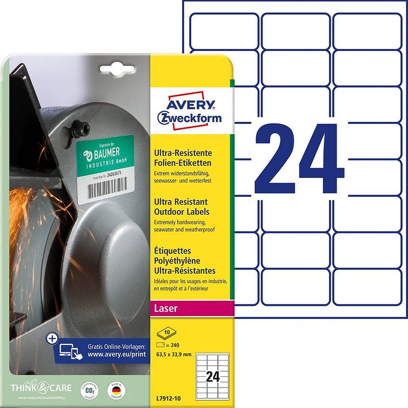 Foto van Avery-zweckform l7912-10 etiketten 63.5 x 33.9 mm polyethyleen folie wit 240 stuk(s) permanent universele etiketten laser, kopie