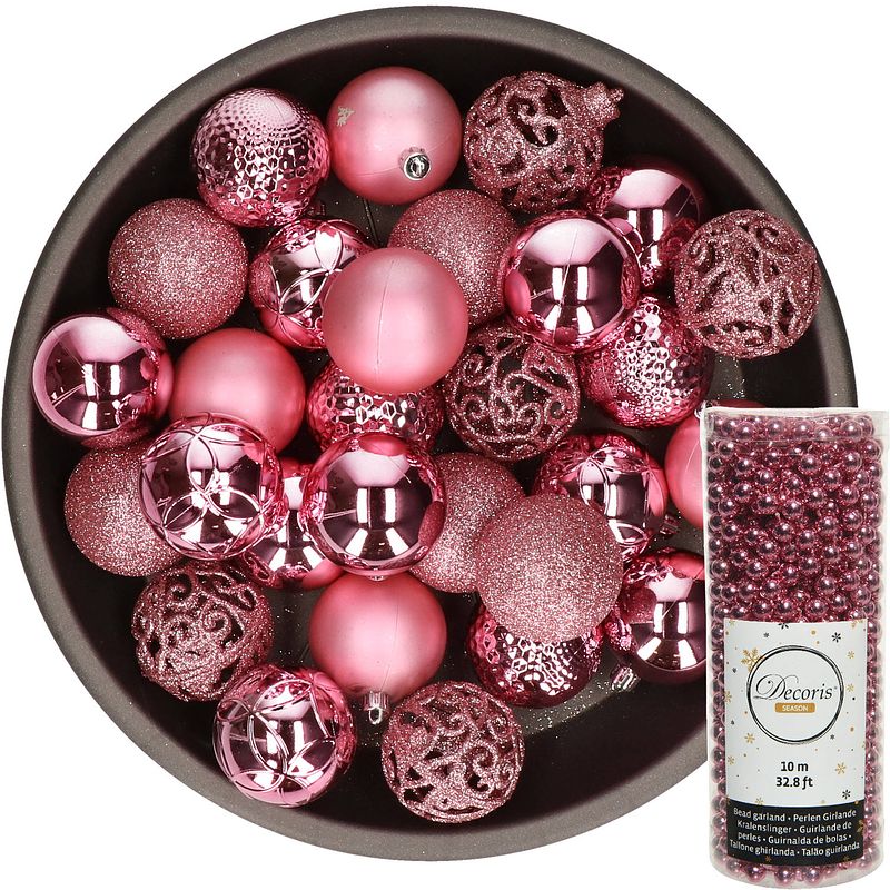 Foto van Kerstballen 37x stuks 6 cm incl. kralenslinger 10 m roze kunststof - kerstbal