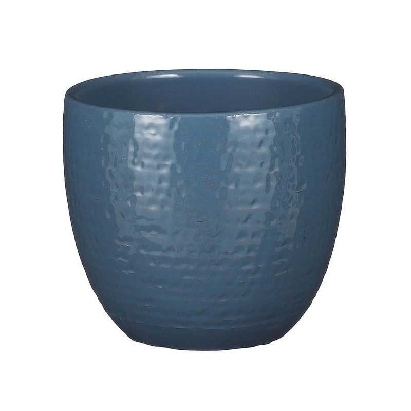 Foto van Plantenpot/bloempot carrie terracotta blauw glans met flakes patroon - d16/h14 cm - plantenpotten