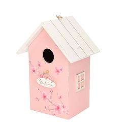 Foto van Nestkast/vogelhuisje hout roze met wit dak 15 x 12 x 22 cm - vogelhuisjes