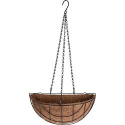 Foto van Metalen hanging basket / plantenbak halfrond zwart met ketting 37 cm - hangende bloemen - plantenbakken