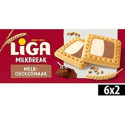 Foto van Liga milkbreak koeken duo melk chocolade biscuits 6 x 2 koekjes 245g bij jumbo