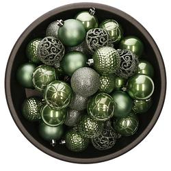 Foto van 37x stuks kunststof kerstballen salie groen 6 cm glans/mat/glitter mix - kerstbal