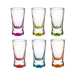 Foto van Glasmark shotglaasjes/borrelglazen - glas - gekleurde onderzijde - 12x stuks - 25 ml - drinkglazen