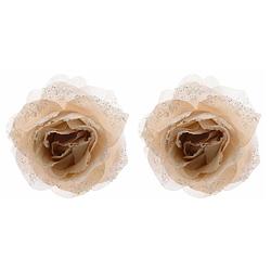 Foto van 5x stuks kerstdecoratie bloemen roos creme op clip 14 cm - kersthangers