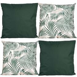 Foto van Bank/tuin kussens set - voor binnen/buiten - 4x stuks - groen/palm print - 45 x 45 cm - sierkussens