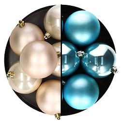 Foto van Decoris kerstballen - 12x st - 8 cm - champagne en blauw - kunststof - kerstbal