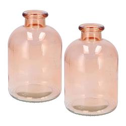 Foto van Dk design bloemenvaas fles model - 2x - helder gekleurd glas - perzik roze - d11 x h17 cm - vazen
