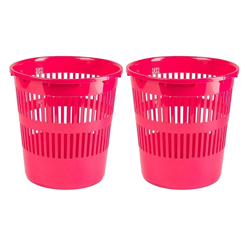 Foto van Plasticforte afvalbak/vuilnisbak/kantoor prullenbak - 2x stuks - plastic - fuchsia roze - 28 cm - prullenmanden