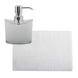 Foto van Msv badkamer droogloop mat/tapijtje - 50 x 80 cm - en zelfde kleur zeeppompje 260 ml - wit - badmatjes