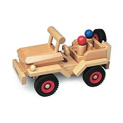 Foto van Fagus houten jeep bestuurbaar 28 cm + 2 poppet