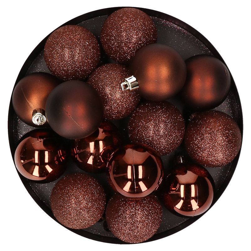 Foto van 12x stuks kunststof kerstballen donkerbruin 6 cm mat/glans/glitter - kerstbal