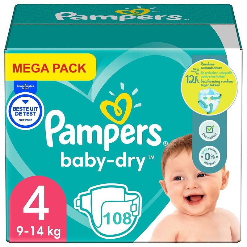 Foto van Pampers - baby dry - maat 4 - mega pack - 108 luiers - 9/14 kg