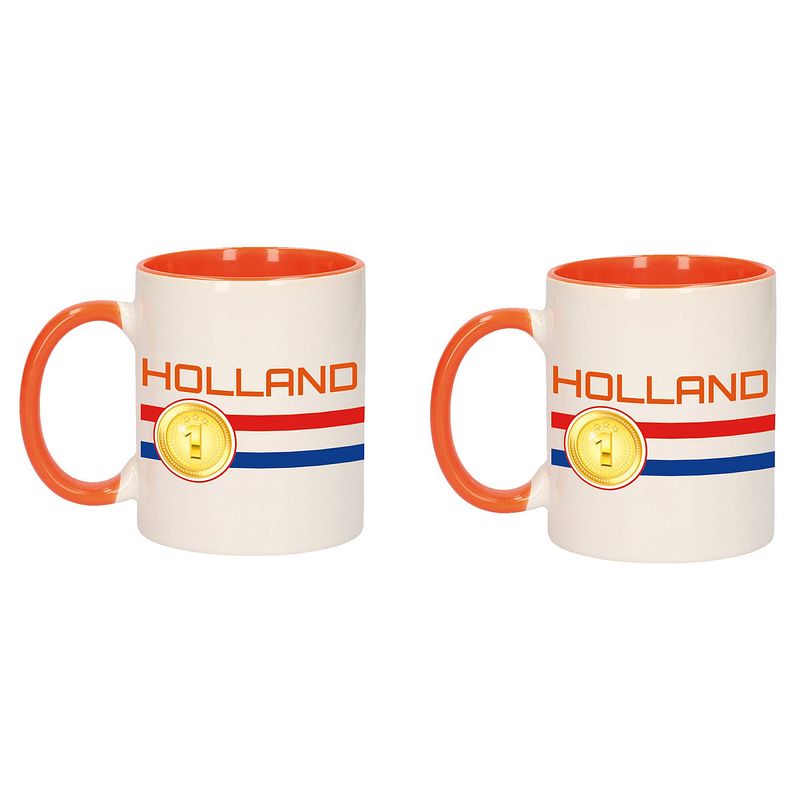 Foto van 2x stuks holland vlag met medaille mok/ beker oranje wit 300 ml - feest mokken