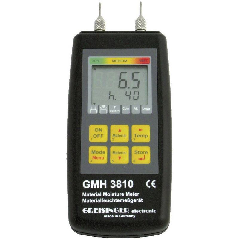 Foto van Greisinger gmh 3810 materiaalvochtmeter meetbereik bouwvochtigheid 4 tot 100 %vol. meetbereik houtvochtigheid (bereik) 4 tot 100 %vol. temperatuurmeting