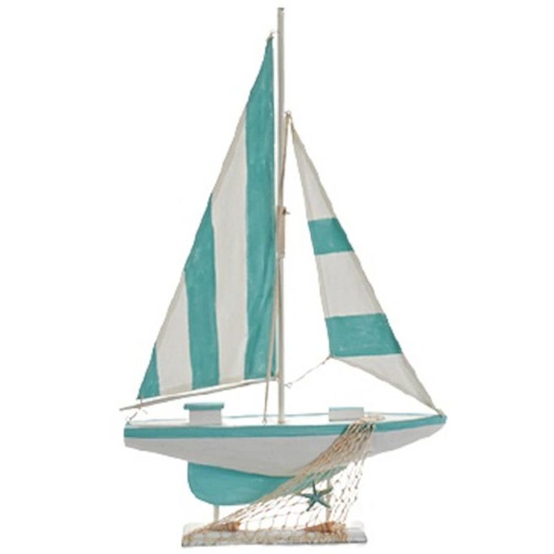 Foto van Giftdecor decoratiebeeldje zeilboot 67 cm hout turquoise/wit