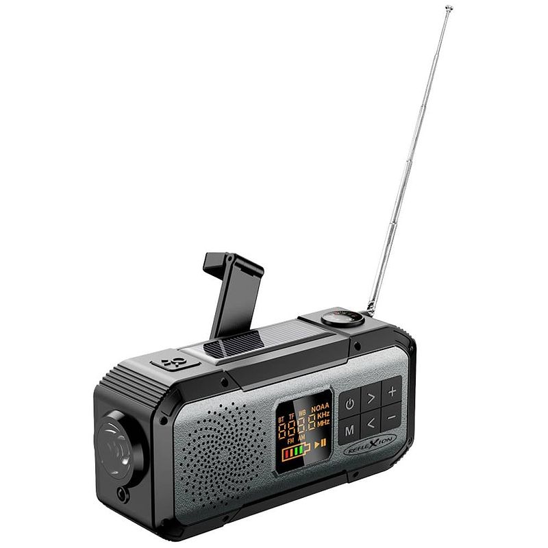 Foto van Reflexion tra555 noodradio vhf (fm), am bluetooth, fm, noodradio handslinger, powerbankfunctie, zonnepaneel, zaklamp, waterdicht, oplaadbaar zwart, grijs