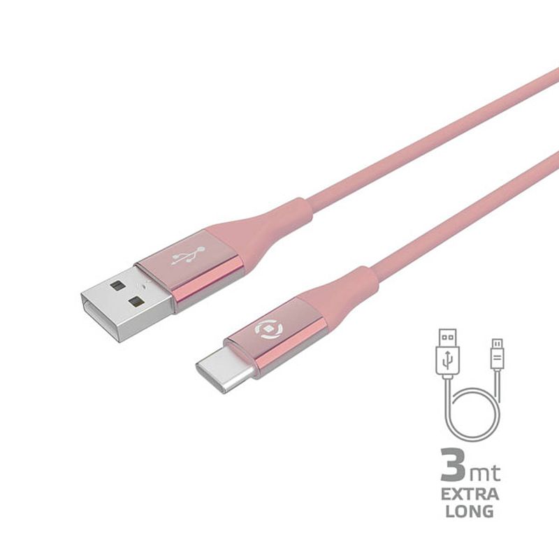 Foto van Usb-kabel type-c, 3 meter, roze - siliconen - celly feeling
