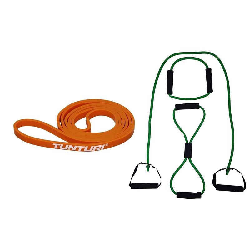 Foto van Tunturi - fitness set - weerstandsband oranje - extra light - tubing set groen