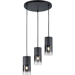 Foto van Led hanglamp - trion roba - e27 fitting - 3-lichts - rond - mat zwart rookglas - aluminium