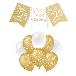 Foto van Paperdreams luxe 25 jaar feestversiering set - ballonnen & vlaggenlijnen - wit/goud - feestpakketten