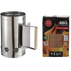 Foto van Barbecue briketten starter rvs met houten handvat 27 x 17 cm met 32x bbq aanmaakblokjes - brikettenstarters