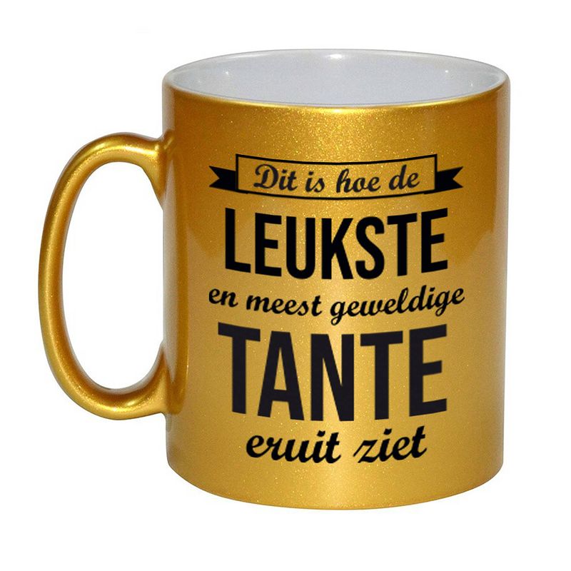 Foto van Gouden leukste en meest geweldige tante cadeau koffiemok / theebeker 330 ml - feest mokken