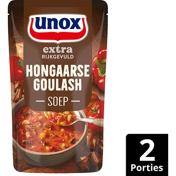 Foto van 2 zakken soep a 570 ml, pakken cupasoup a 3 stuks of single verpakkingen noodles of pasta | unox extra rijkgevuld soep in zak hongaarse goulash 570ml aanbieding bij jumbo