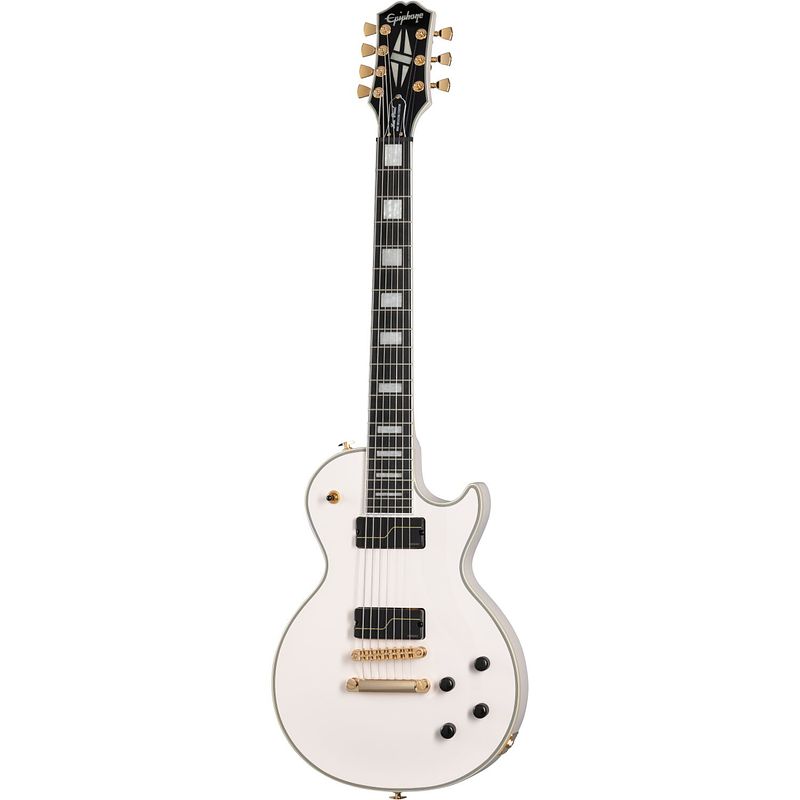 Foto van Epiphone matt heafy origins les paul custom 7-string bone white 7-snarige elektrische gitaar met koffer