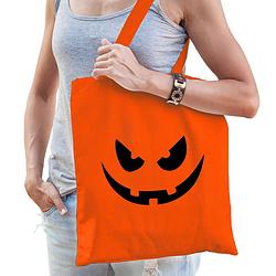 Foto van Halloween pompoen gezicht halloween trick or treat katoenen tas/ snoep tas oranje - verkleedtassen