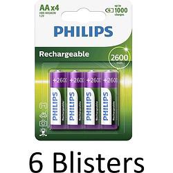 Foto van 24 stuks (6 blisters a 4 st) philips aa oplaadbare batterijen - 2500 mah