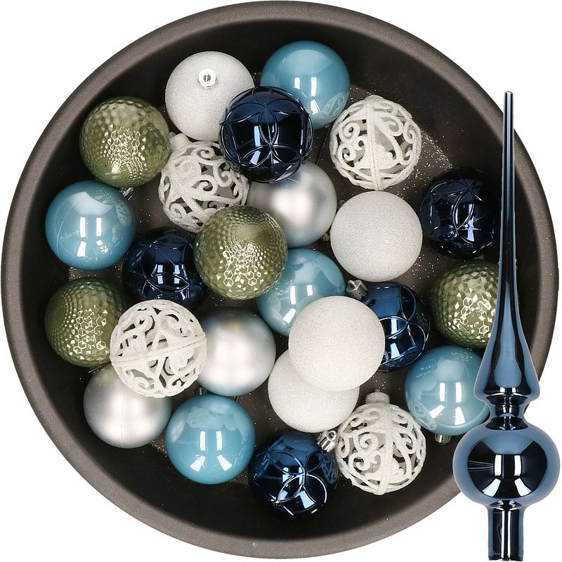 Foto van 37x stuks kunststof kerstballen 6 cm incl. glazen piek blauw-wit-zilver-groen - kerstbal